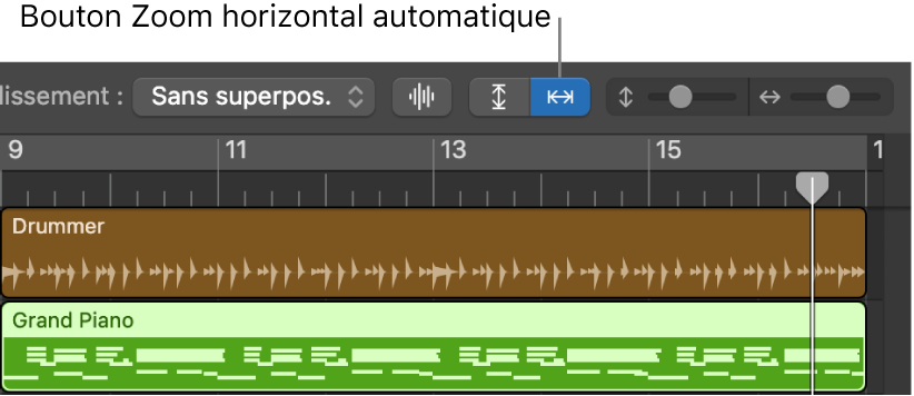 Commandes Zoom de forme d’onde, Zoom vertical automatique et Zoom horizontal automatique dans la barre des menus de la zone Pistes.