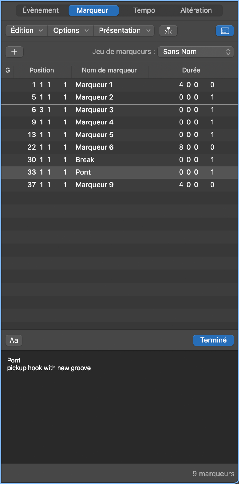 Figure. Liste des marqueurs avec marqueur en cours de changement de nom.