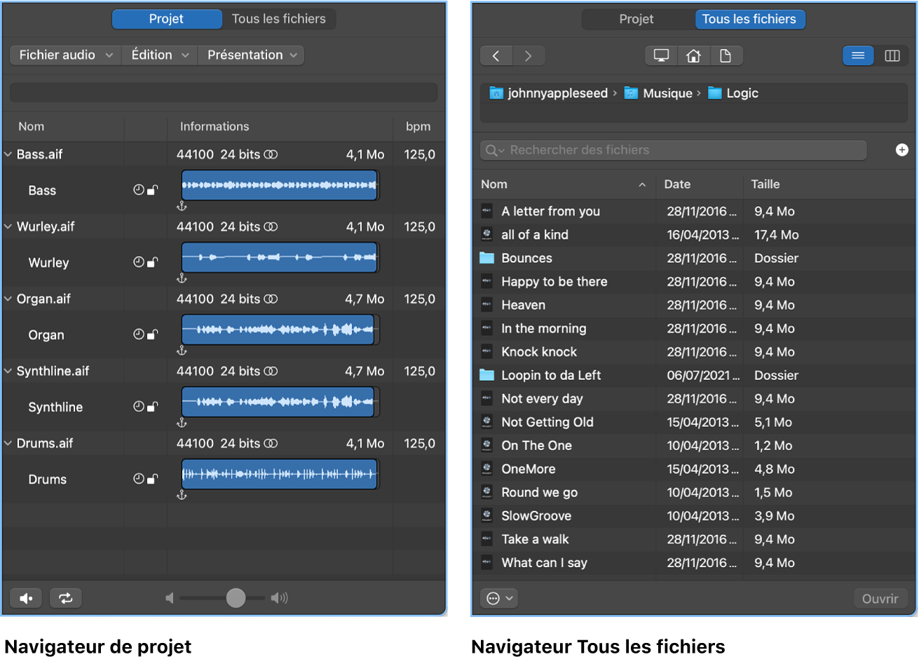 Figure. Navigateur audio du projet et navigateur Tous les fichiers.