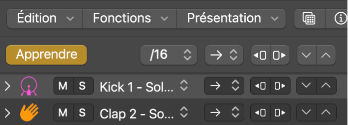 Bouton Mode d’apprentissage (Attribuer) actif dans la barre des menus du séquenceur pas à pas.