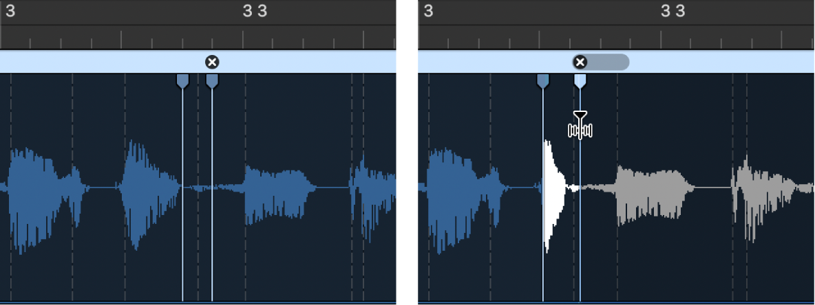 Figure. Deux régions audio montrant la région avant et après le déplacement d’un marqueur Flex vers la gauche et chevauchant le marqueur Flex précédent.