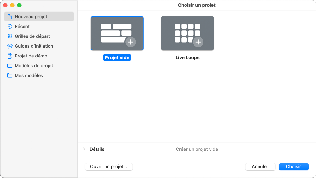 Figure. Sélecteur de projet avec l’option Projet vide sélectionnée.