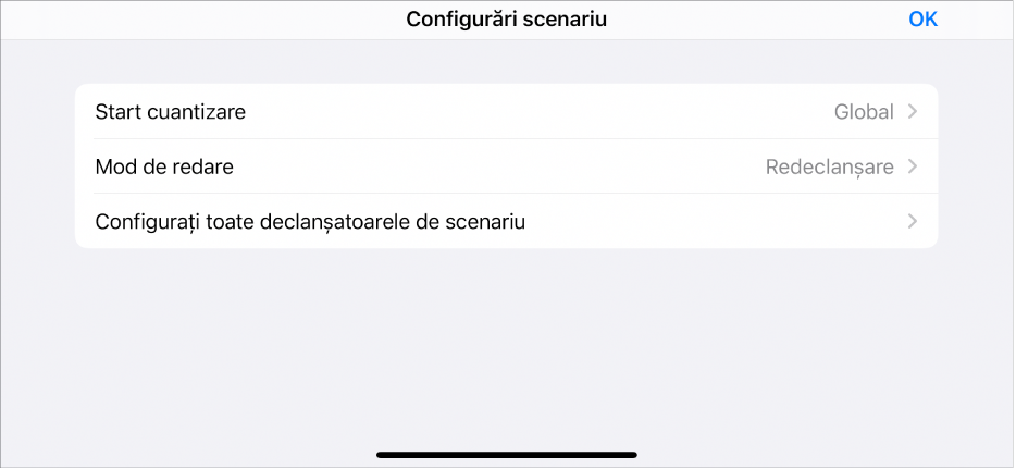 Meniul Configurări scenariu.