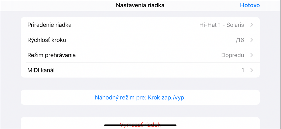 Menu Nastavenia riadka.