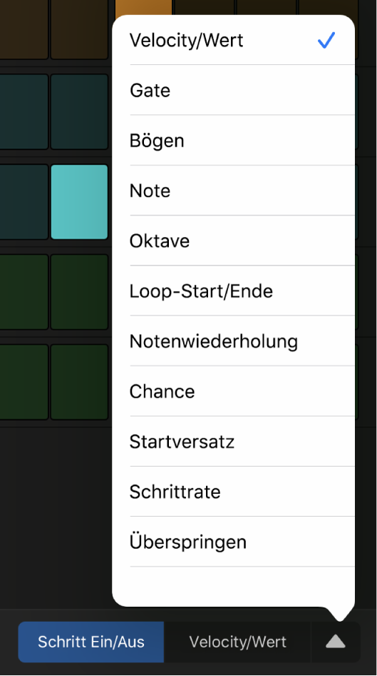 Auswahl für den Bearbeitungsmodus mit dem geöffneten Menü, das die Bearbeitungsmodi anzeigt.