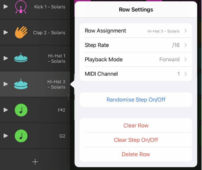 Row Settings menu.