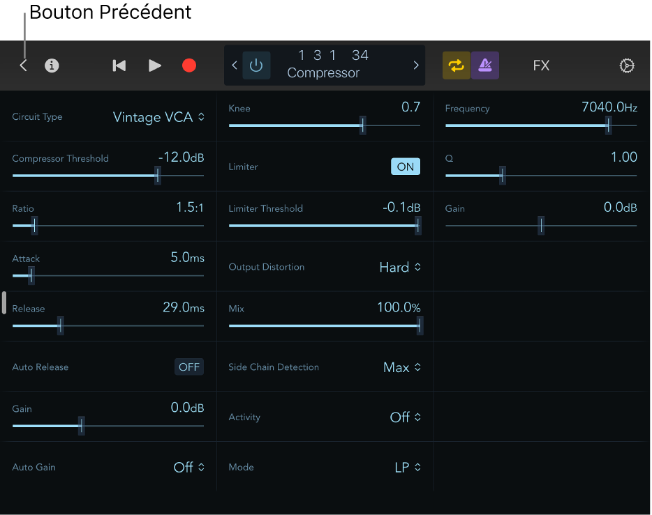 Figure. Affichage des commandes de module Compressor.