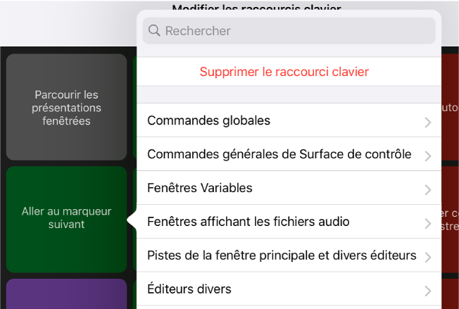 Figure. Menu local Raccourcis clavier.