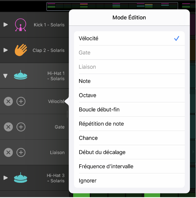 Sous-rangée affichant le menu Mode Édition