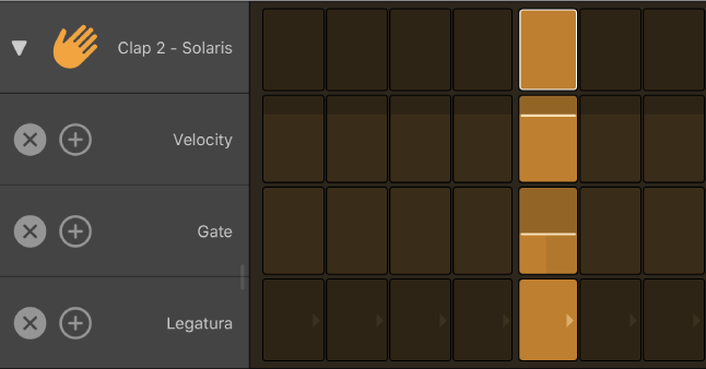 Step sequencer con una riga aperta che mostra le righe secondarie.