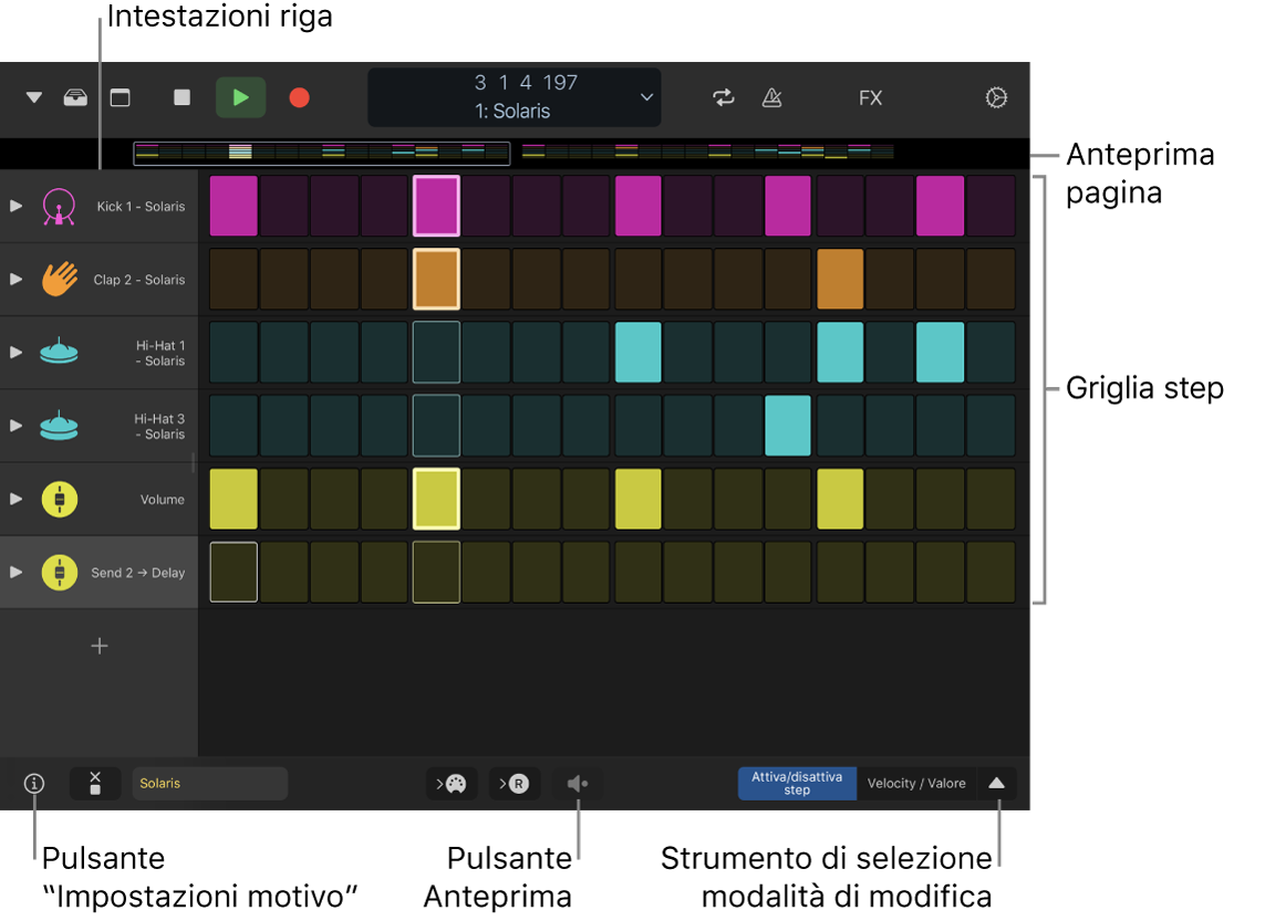 Step sequencer che mostra la griglia degli step, le intestazioni delle righe e altri controlli.