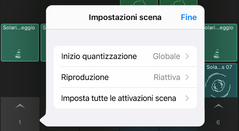 Menu Impostazioni scena.