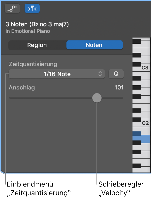 Informationsfenster des Pianorolleneditors im Notenmodus mit Steuerungen