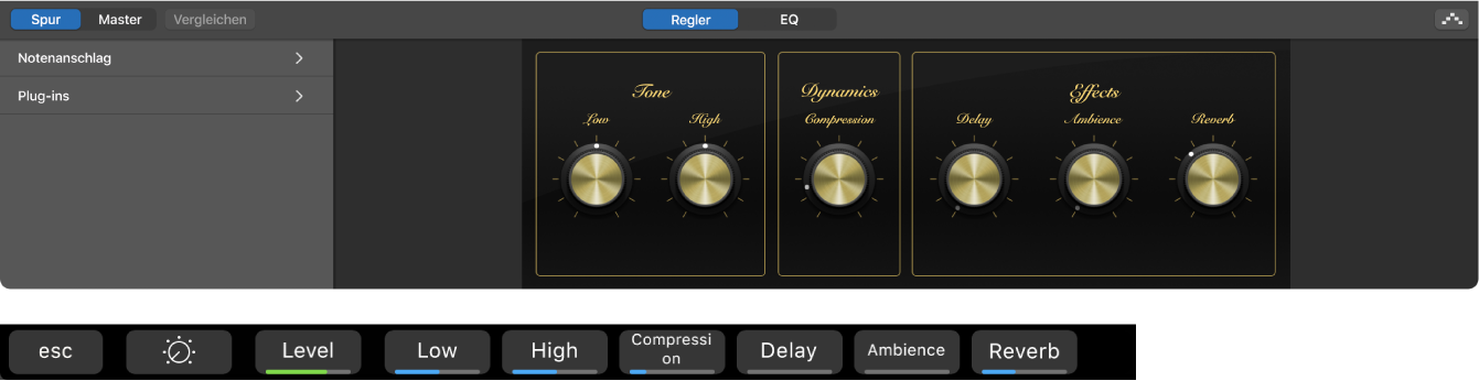 Abbildung. Smart Controls für eine Software-Instrument-Spur und dynamische Kurzbefehle im Bildschirm „Smart Controls“