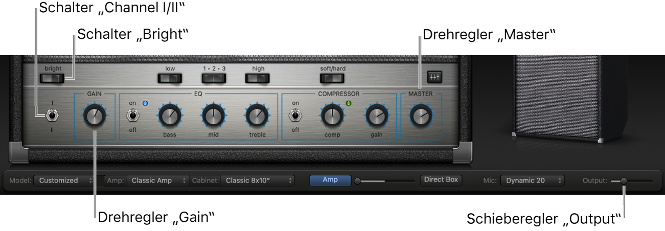 Bass Amp Designer mit Amp-Steuerungen wie Schalter „Bright“, Drehregler „Gain“, Schalter „Channel I/II“ und Drehregler „Master“