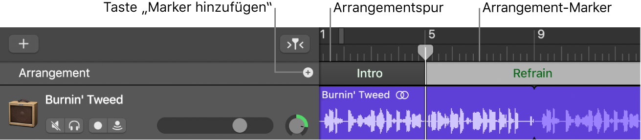 Arrangierspur mit Taste „Marker hinzufügen“ und Arrangierregion