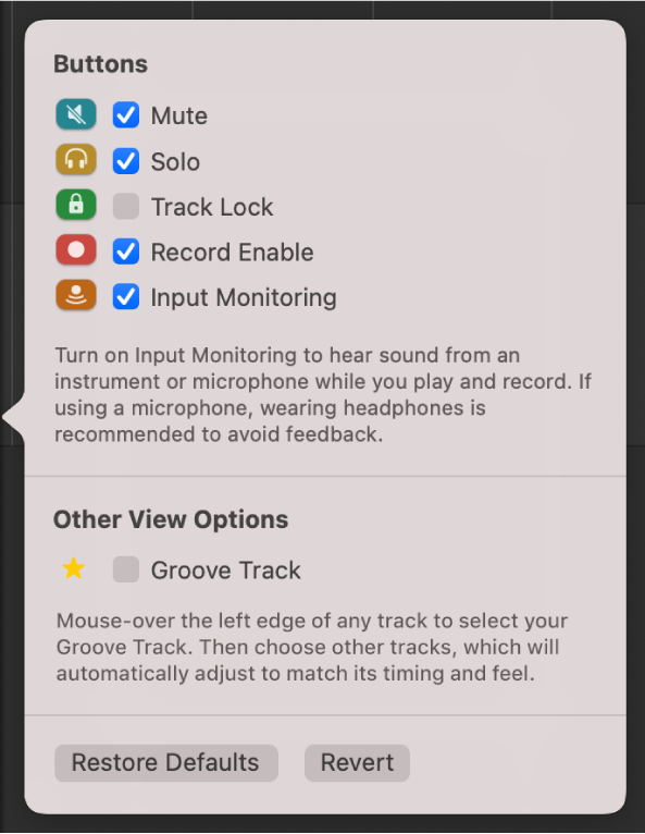 Track Header Configuration dialogue.