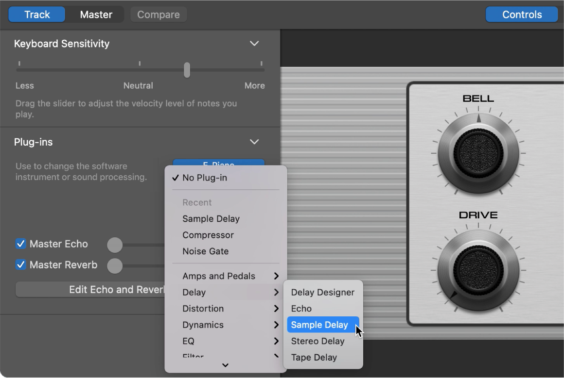 Choosing an effect plug-in from the Plug-in shortcut menu.