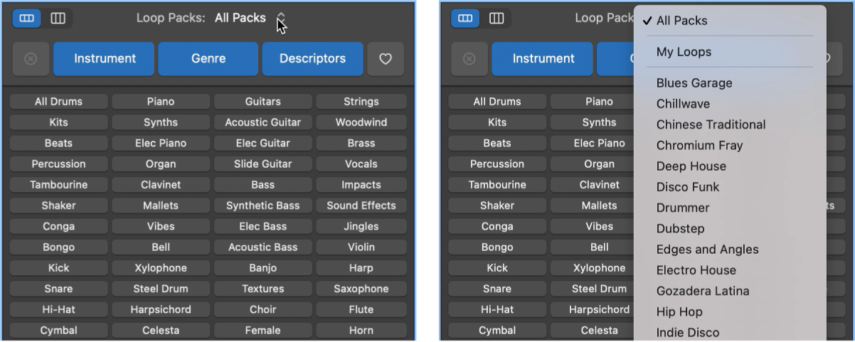 Showing the open Loops pop-up menu.