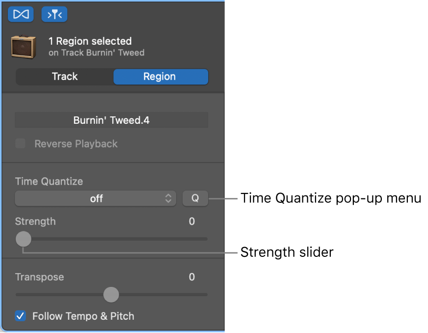 Audio Editor inspector, showing Time Quantize pop-up menu and Strength slider.