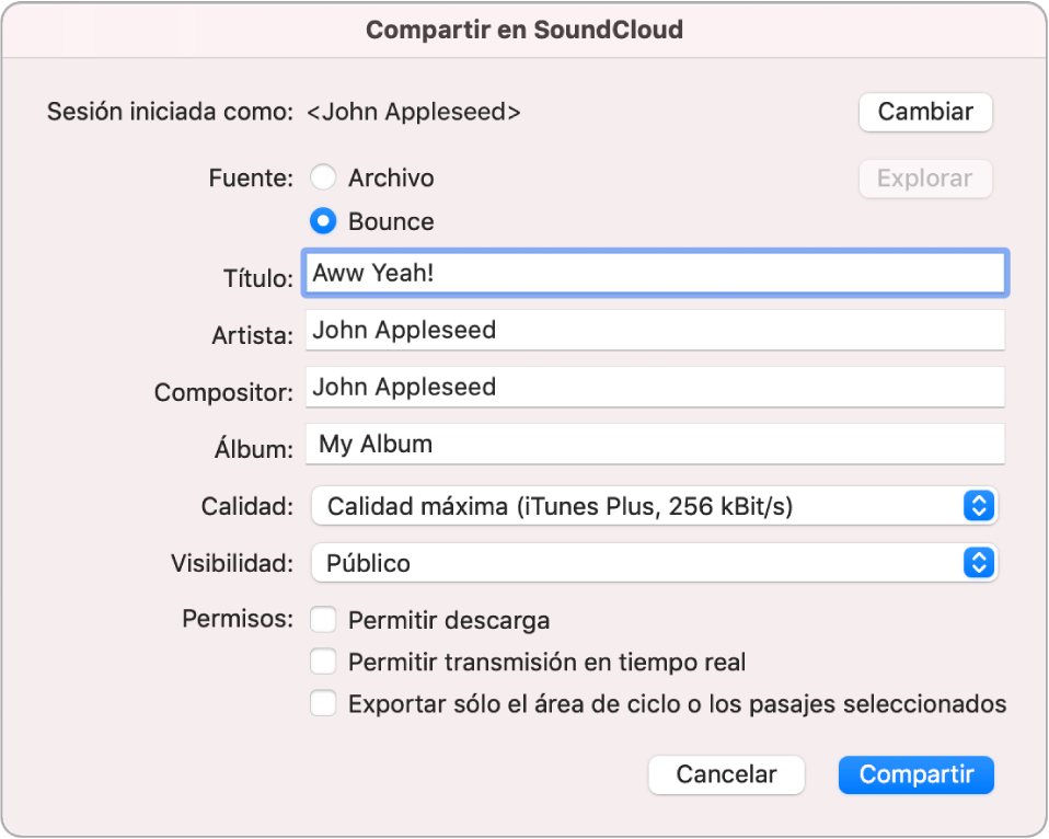 Cuadro de diálogo Compartir en SoundCloud.