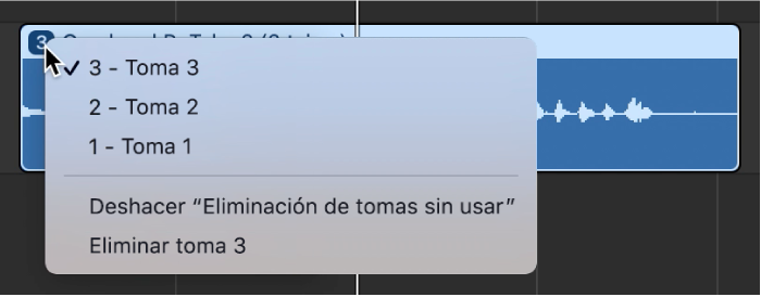 Mostrando el menú desplegable abierto para la carpeta de tomas.