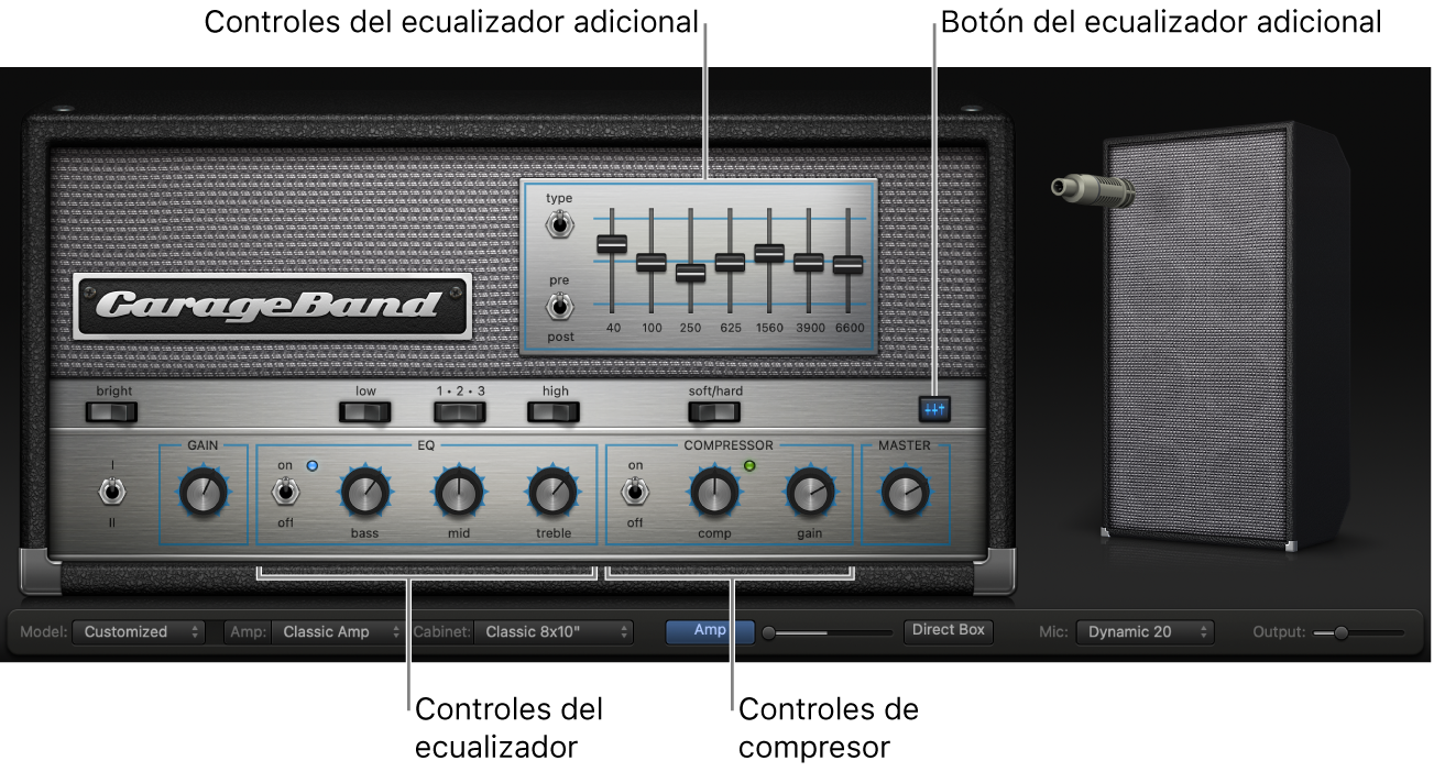 Bass Amp Designer con los controles EQ y Compressor.