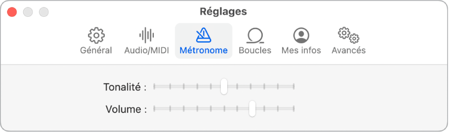 Sous-fenêtre Réglages du métronome