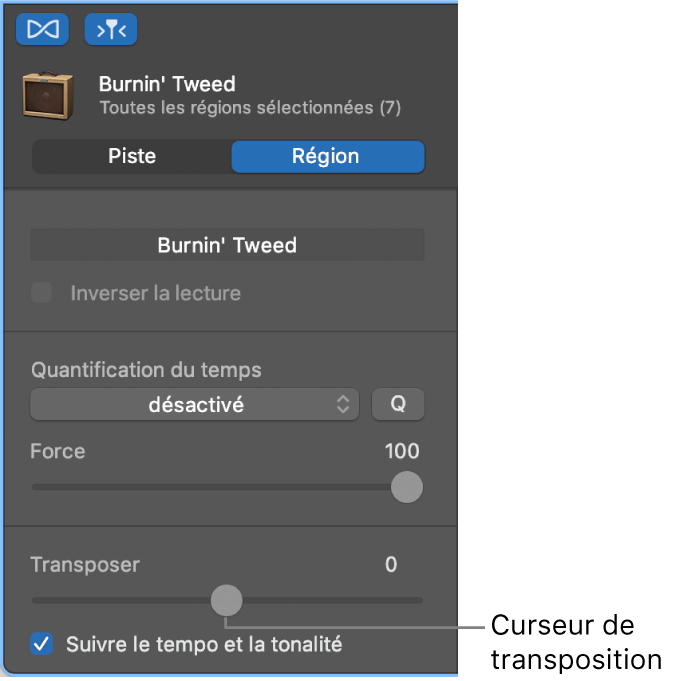 Curseur de transposition dans l’inspecteur de l’éditeur audio en mode Région.