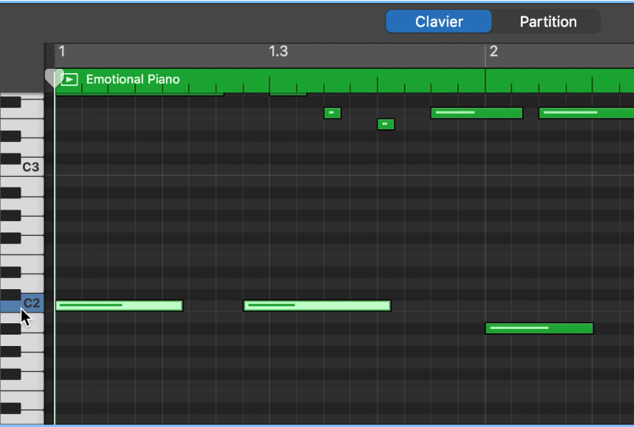 Sélection de notes de même hauteur tonale en cliquant sur le clavier présent le long du bord gauche de l’éditeur de partition défilante.