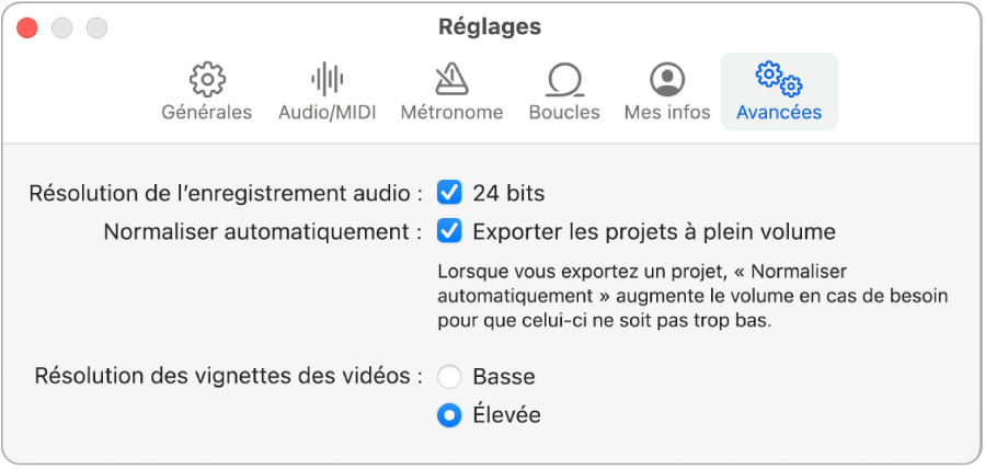 Sous-fenêtre Réglages Avancées.