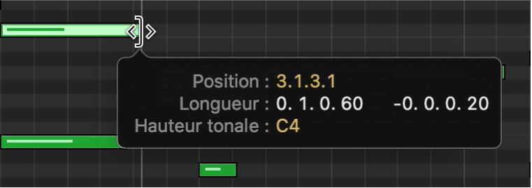 Modification de la taille d’une note dans l’éditeur de partition défilante.