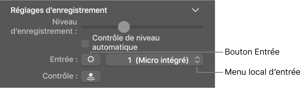 Bouton d’entrée et menu local dans l’inspecteur Smart Controls.