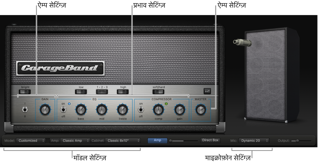 Bass Amp Designer विंडो भिन्न नियंत्रण क्षेत्र दर्शा रही है।