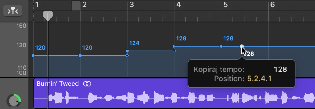 Zapis tempa, prikazuje povlačenje uz držanje tipke Option za kopiranje kontrolne točke tempa.