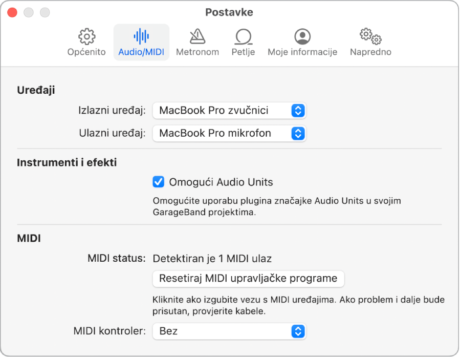 Prozor postavki Audio/MIDI.