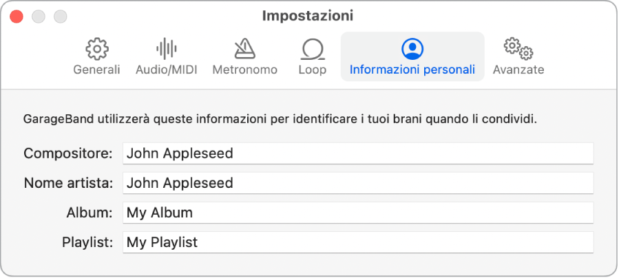 Pannello delle impostazioni “Informazioni personali”.