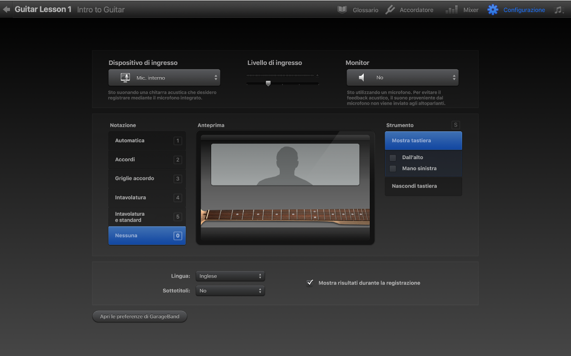 Finestra di configurazione “Impara a suonare”.