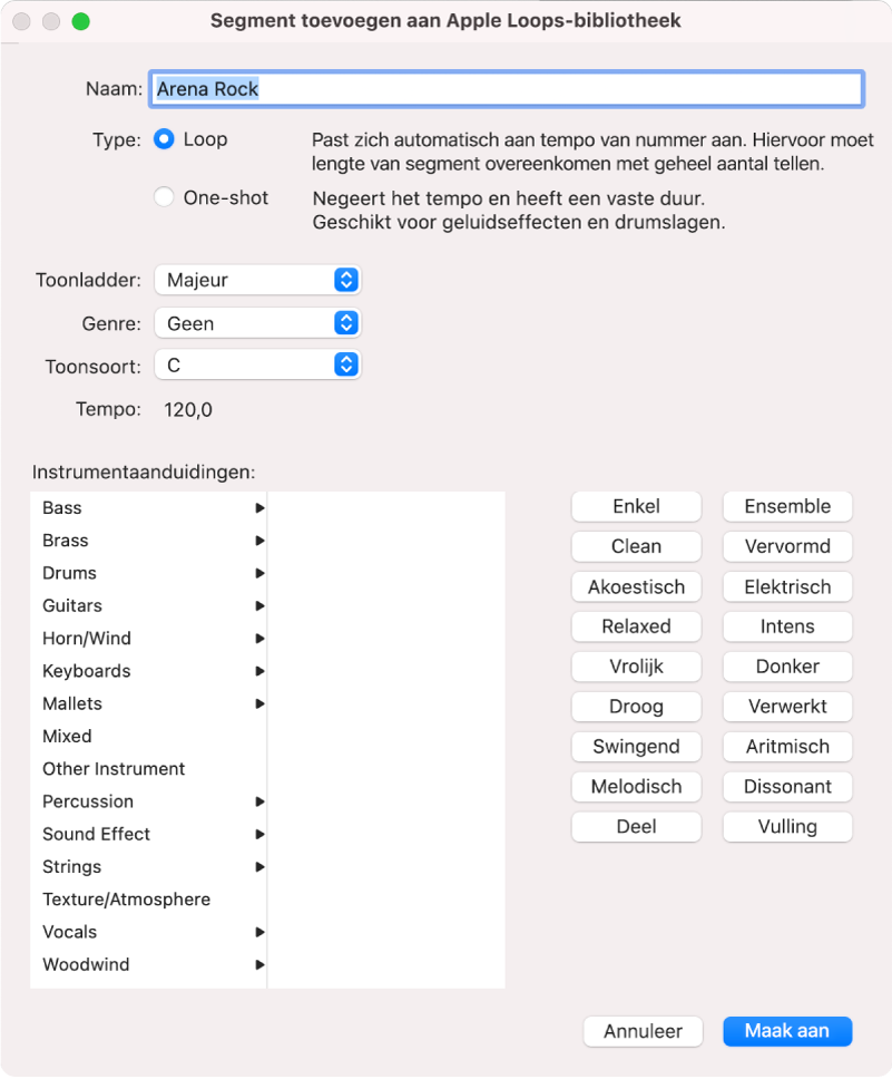 Dialoogvenster 'Segment toevoegen aan Apple Loops-bibliotheek'.