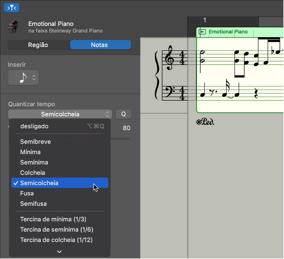 Seleção de um valor no menu pop-up “Quantizar tempo” no inspetor do editor de partitura.