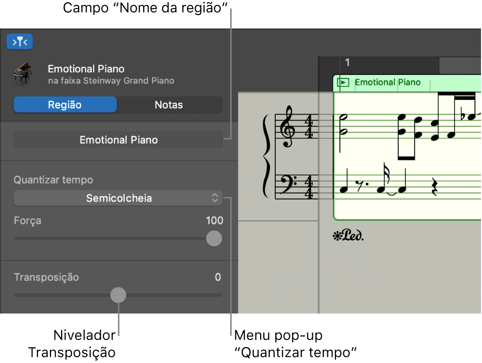 Inspetor do editor de partitura no modo Região, a ilustrar os controlos.