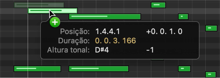 Arrastamento com a tecla Opção premida para copiar uma nota no editor de rolo de piano.