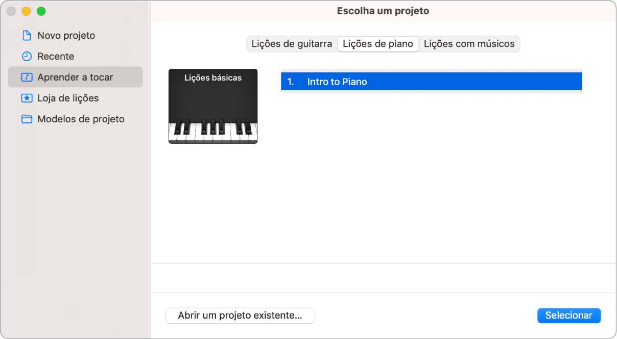 Seleção de uma lição “Aprender a tocar” no seletor de projetos.