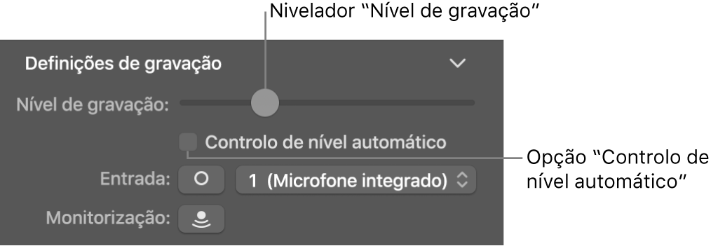 Nivelador “Nível de gravação” e opção “Controlo de nível automático” no inspetor de Smart Controls.