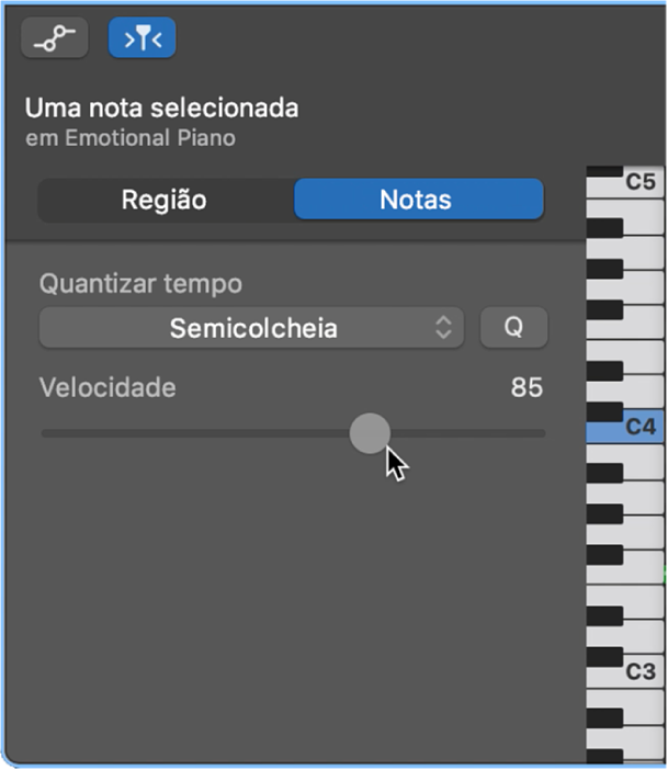 Edição da velocidade das notas no editor de rolo de piano.