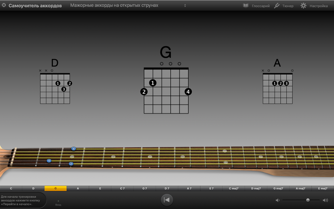 Самоучитель аккордов — показана тренировка исполнения аккордов.