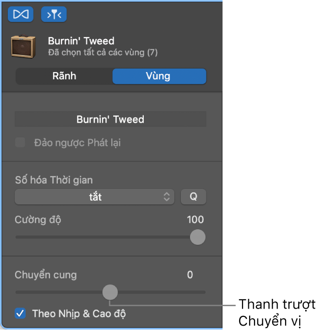 Trình kiểm tra Trình sửa âm thanh trong chế độ Vùng, đang hiển thị thanh trượt Chuyển cung.