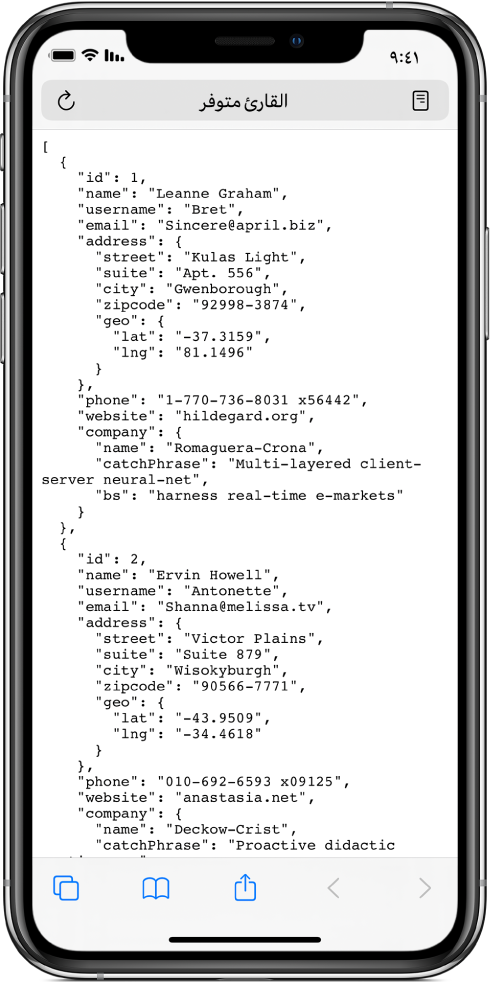 مثال لبيانات JSON.