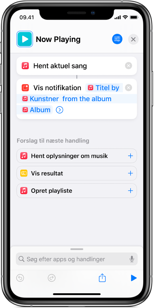 Handlingen Vis notifikation i redigeringsværktøjet til genveje og oplysningen Afspiller nu i Musik, som er kaldt af handlingen Vis notifikation.