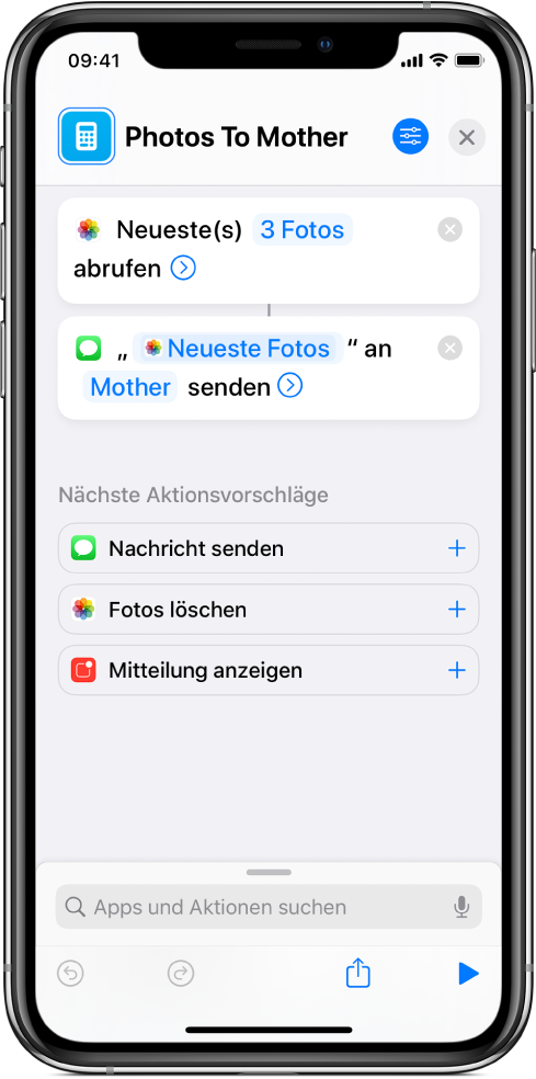 Kurzbefehl mit einer Aktion „Neueste Fotos abrufen“ und einer Aktion „Nachricht senden“